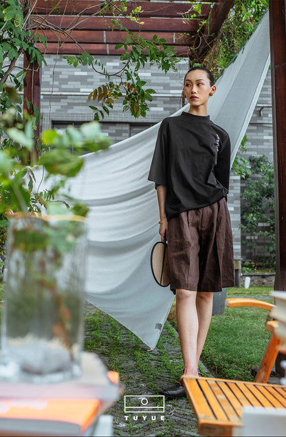TUYUE Moon Paint Black Mercerized Round Neck Short Sleeve Cotton T-shirt- PETER.