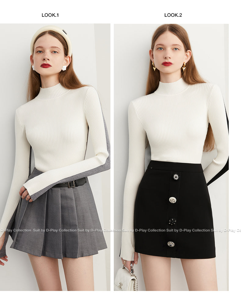 Fall Autumn Black White Color-block High Neck Pullover Sweater -Sposo