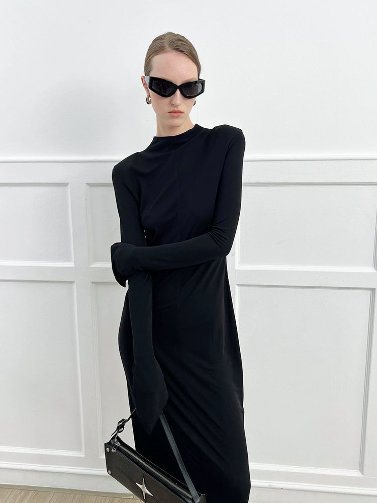 ANNAKIKI high-end acetate black shoulder slim long sleeve dress-CAROLE