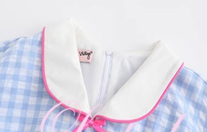 Le Palais Vintage Blue Plaid Waist Swing Skirt Puffy Skirt-SEM