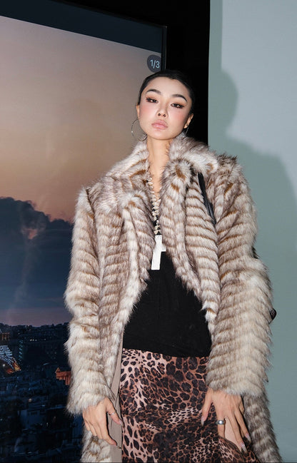 MEI SANGUAN gray coffee color fur long coat jacket - SADIE