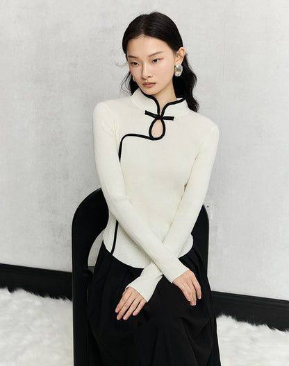 HECO Cheongsam Collar Hollow Buckle red black apricot Knitwear Slim Bottom - whom.
