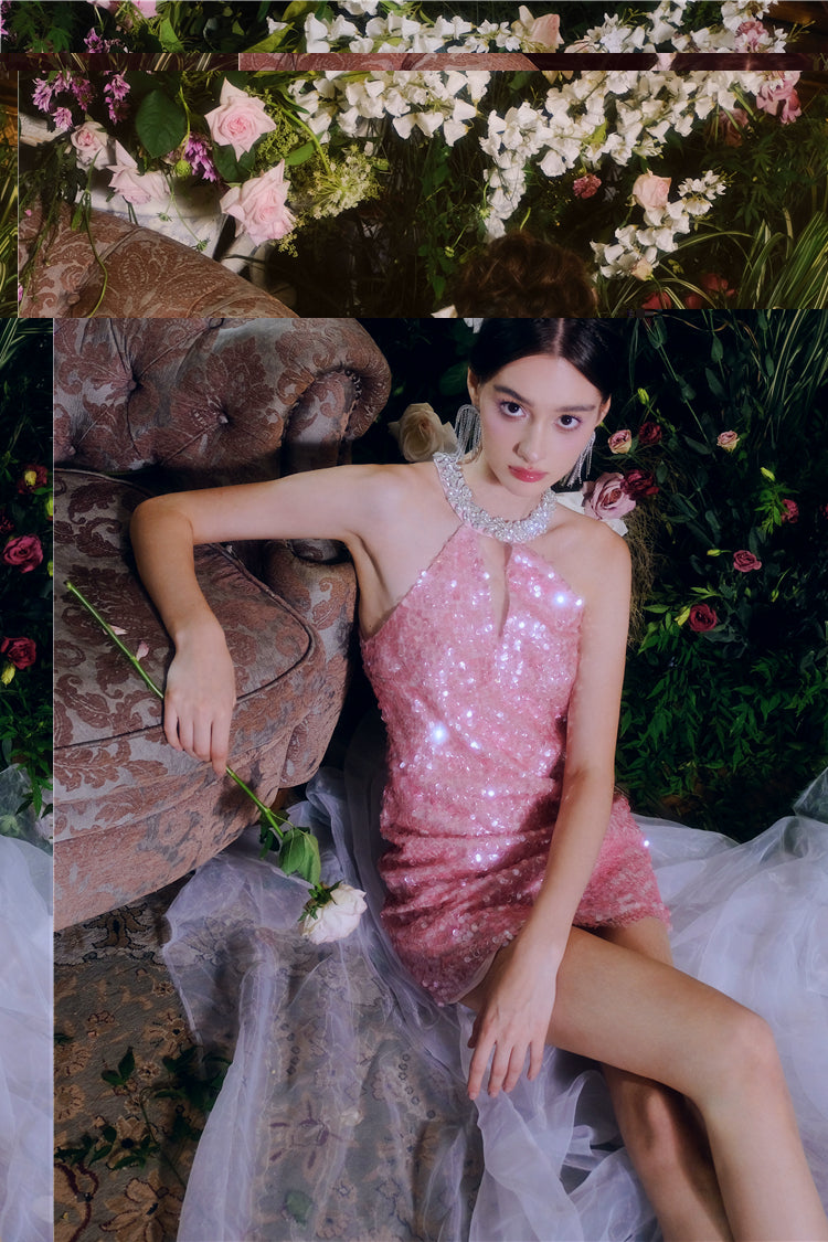 Wardrobes by Chen Luxury Sleeveless halter Sequin Short cocktail Dress- Limmi