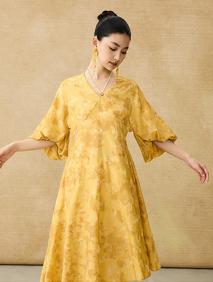 HECO Chinese V-Neck Waist Summer Elegant Floral Stitched Mesh dress - TULIP .