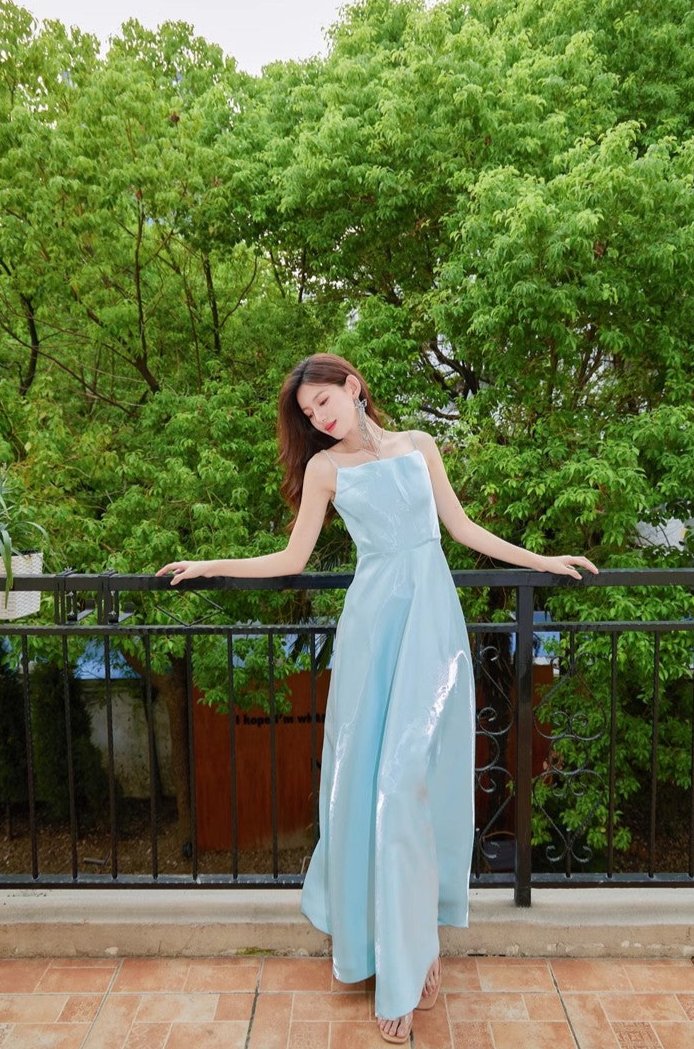 DOLLY High End Blue Off Shoulder Sleeveless Long Suspender Banquet Dress-AGATHA