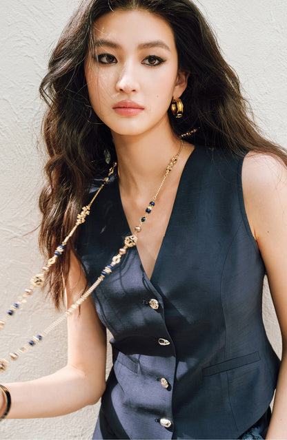 WANGXO |V-Neck Vest & Belted Straight Pants Intellectual Suit Set -NÉRA