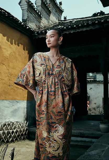 HECO Chinese Waist Cinched V-Neck Dress - QIN