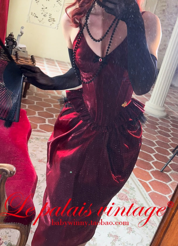 Le Palais Vintage  Red Fishbone Corset High Waisted Flower Bud Pencil Skirt-ALEC