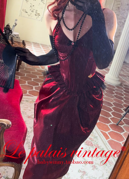 Le Palais Vintage  Red Fishbone Corset High Waisted Flower Bud Pencil Skirt-ALEC