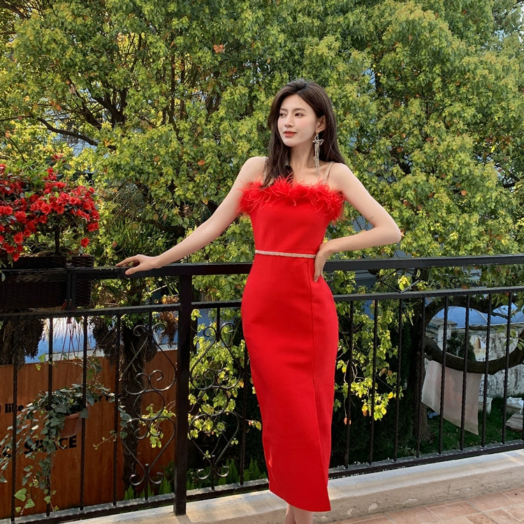 DOLLY Elegant Sleeveless Feather Tube Top Hip Wrap Dinner Dress-KALE