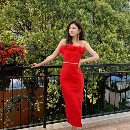 DOLLY Elegant Sleeveless Feather Tube Top Hip Wrap Dinner Dress-KALE