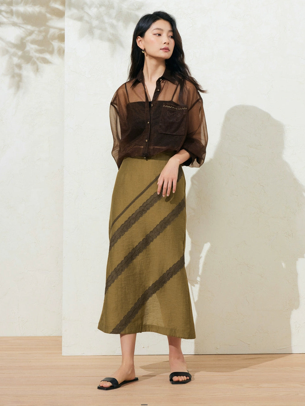 SuShe Elegant Tencel linen lace stitching back slit skirt -SARA