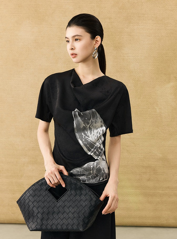 HECO Chinese Art Butterfly Print Swing Neck T-Shirt Waist Slim Top - CONJOR .