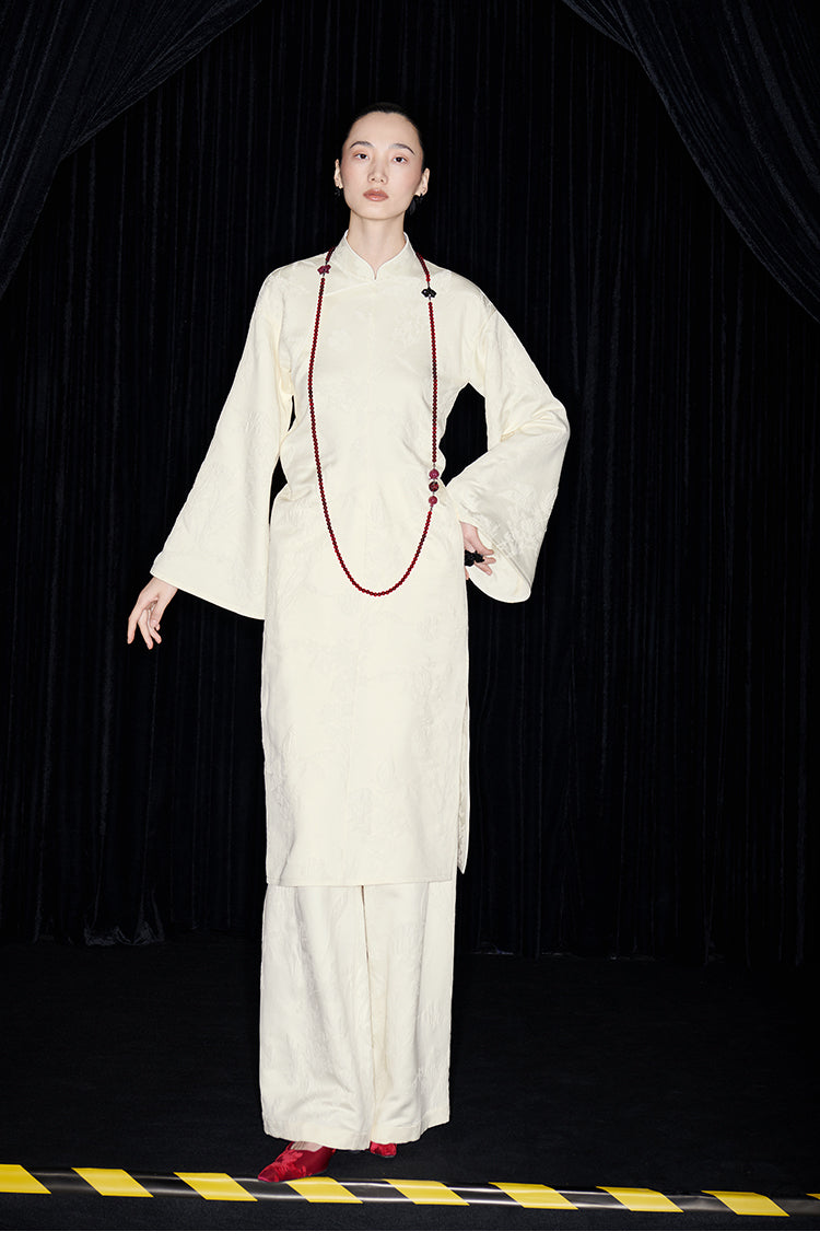 M essential Mackay designer jade carved jacquard bell sleeves cheongsam dress pant set - greg.