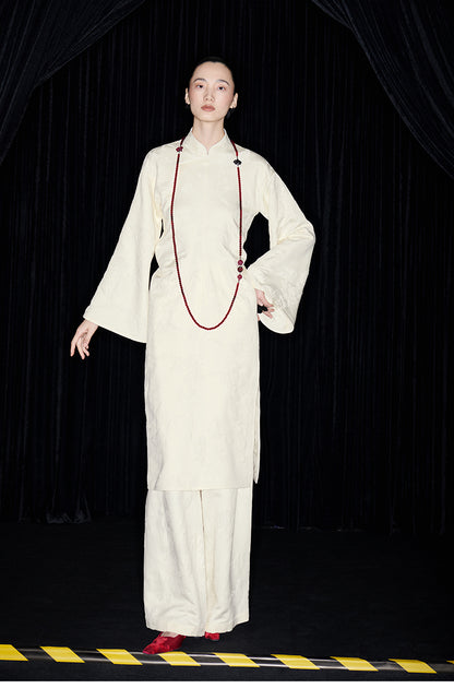 M essential Mackay designer jade carved jacquard bell sleeves cheongsam dress pant set - greg.