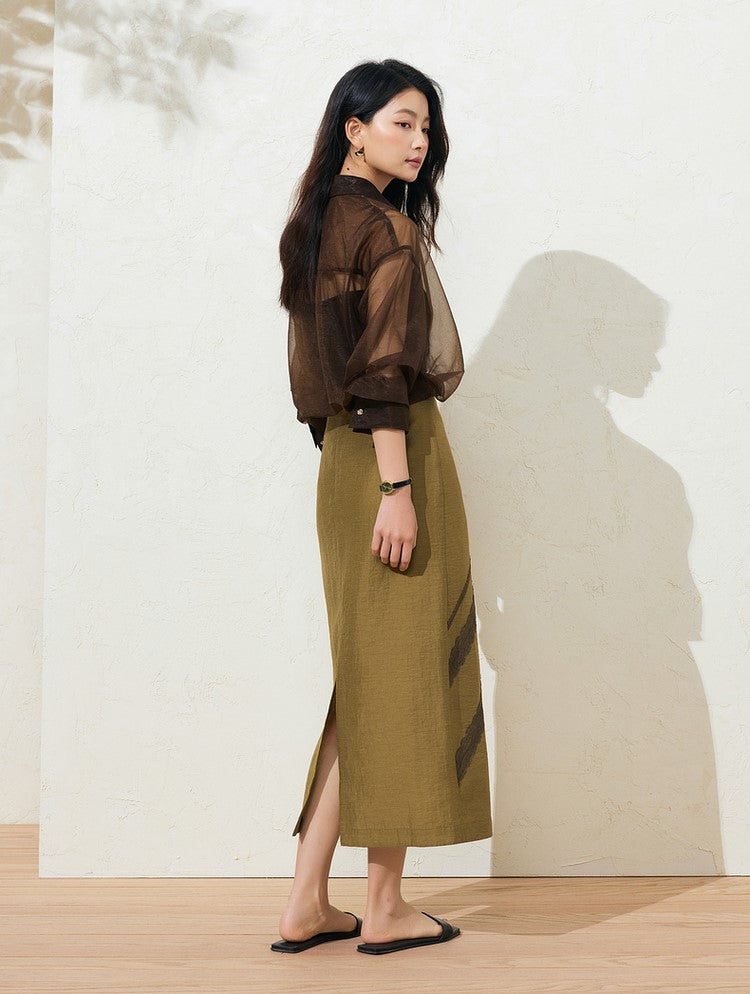 SuShe Elegant Tencel linen lace stitching back slit skirt -SARA