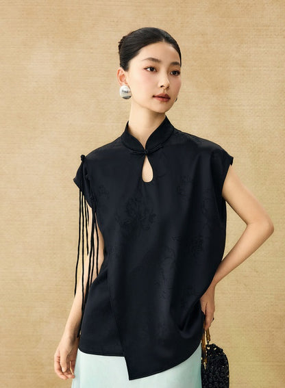 HECO Chinese Peony Buckle Short Sleeve Acetate Tassel Top - TEACH .