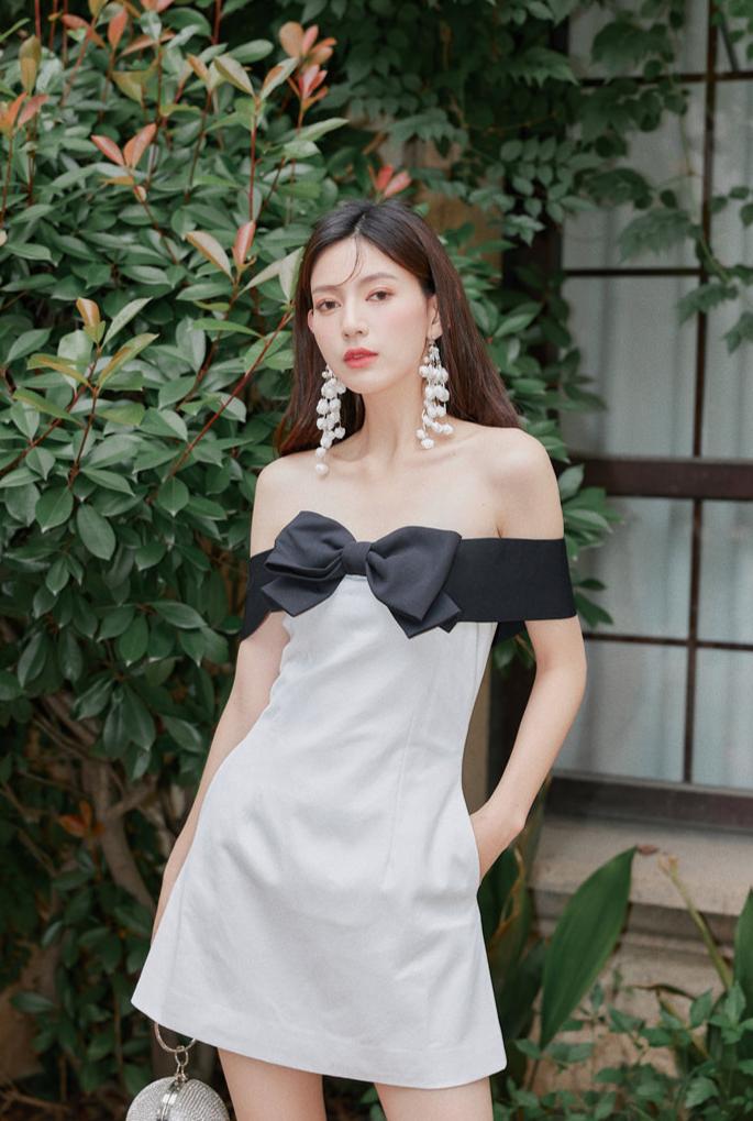 DOLLY High End Black Bow Off Shoulder Bandeau White Short Dress-ANDRA