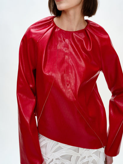SERRER Red long sleeved leather shirred asymmetrical top - KOFI.