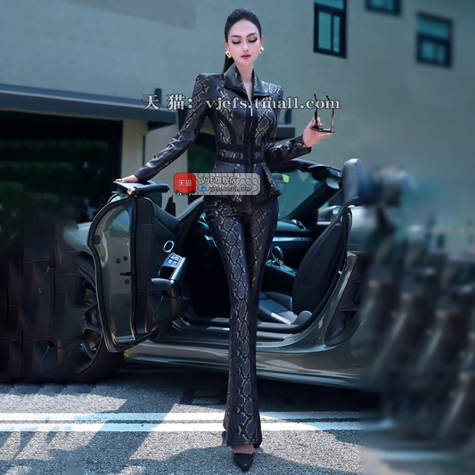 VJE Snake Print Jacket High-Waisted Micro Flared Pants Two-Piece Set-LILO.