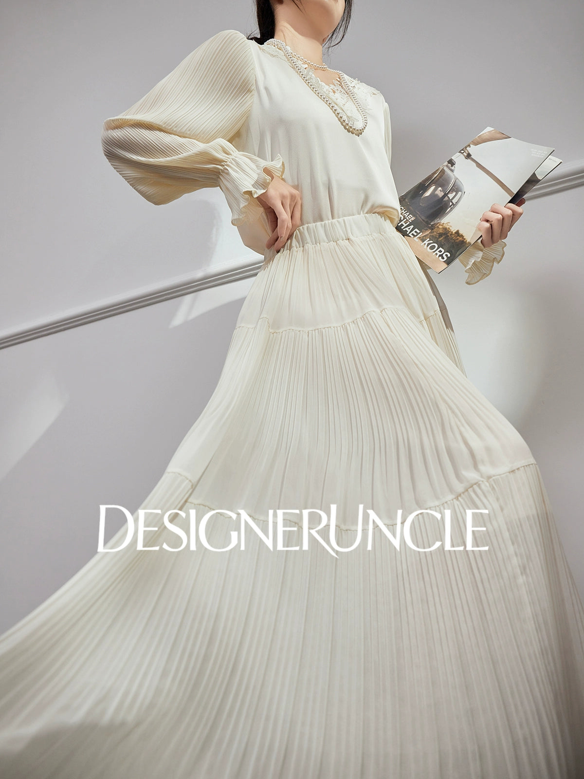 DGU| Beige New High-End Ruffled Lace Stitching Design Long-Sleeved Top - RUBY.