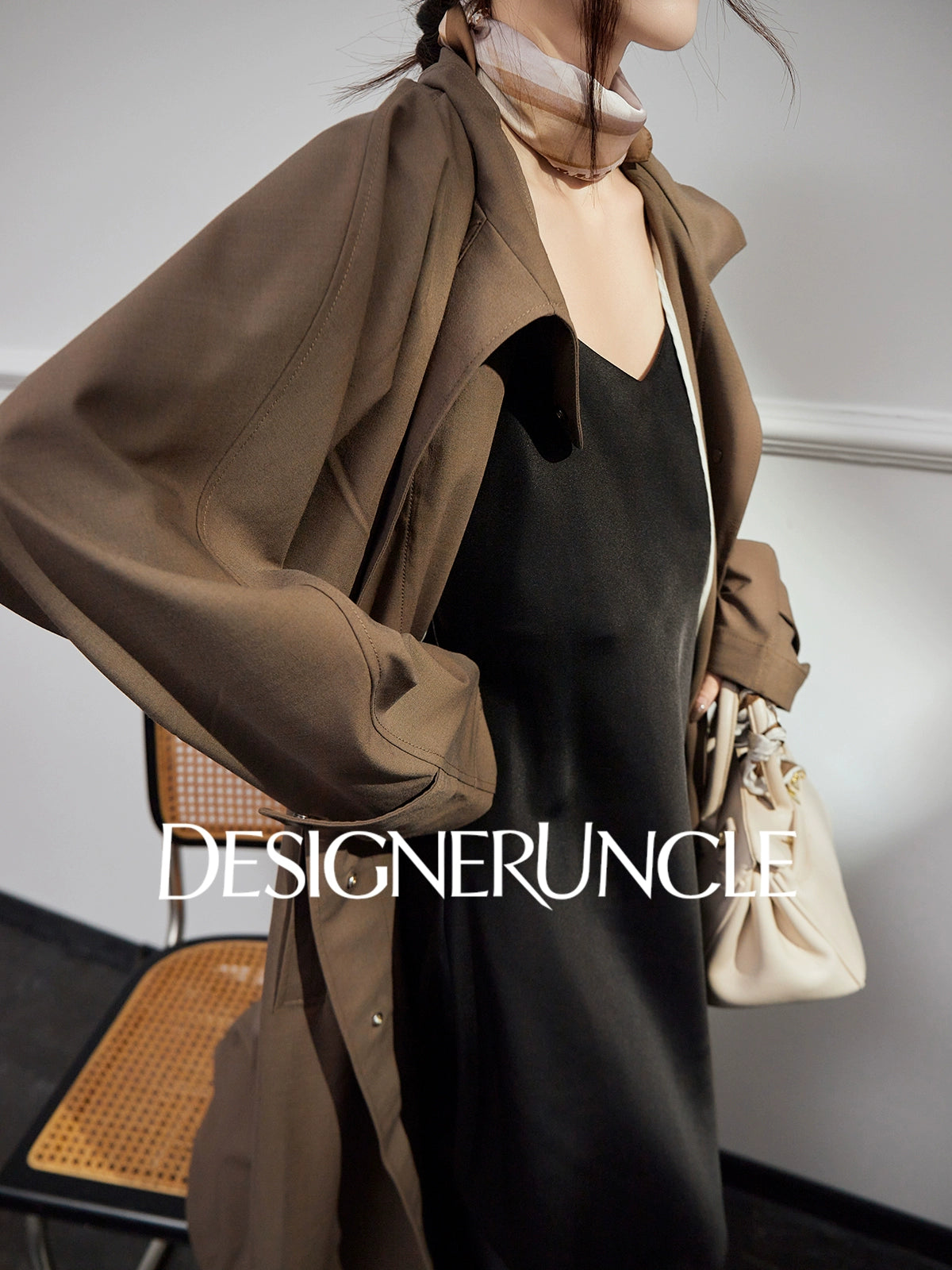 DGU |Dark Brown Trench light Luxury Design coat Collar Temperament Long Niche Top - Antonia.