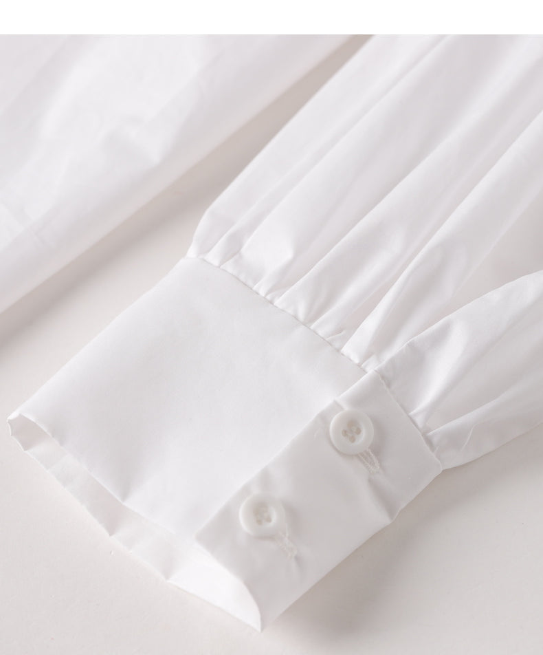 Fall Autumn vintage balloon sleeves cotton embellished white shirt - Sainew