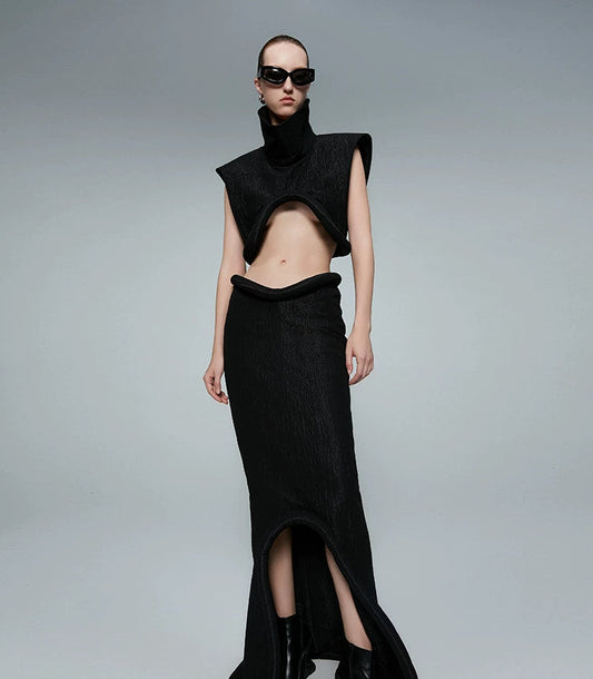 ANNAKIKI designer black slim skeet special-shaped long skirt-NICO