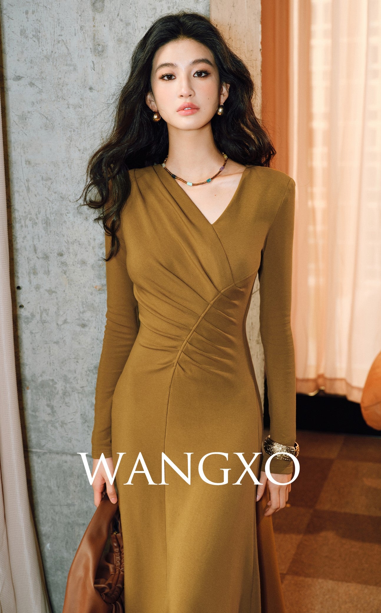 WANGXO | Knitted Fabric Sculptural Pleats Overlapping V-Neck Slim A-Hem Dress-NORA.