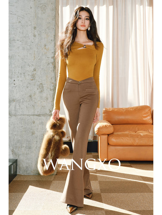 WANGXO | Heavy Acetate Wool Double Waistband Floor-Length Horseshoe Pants-NES.