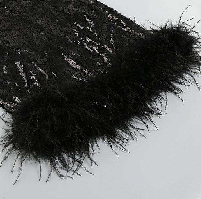 DOLLY Luxury Black Slopping Shoulder Long Sleeve Short Feather Dress-CAITTRIONA