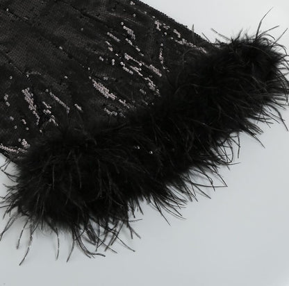 DOLLY Luxury Black Slopping Shoulder Long Sleeve Short Feather Dress-CAITTRIONA
