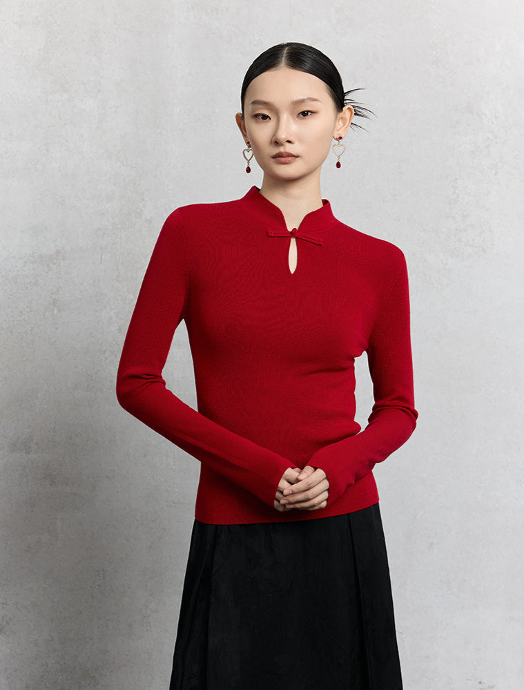 HECO Plain Worsted Wool Cheongsam Collar Buckle Knitwear - close.