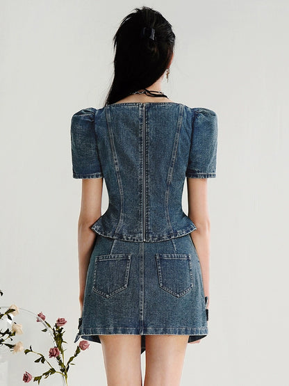 CHECOCRE Stubble Sweet Cool Girly Suit Hakama Denim Skirt Set- INDEFIN