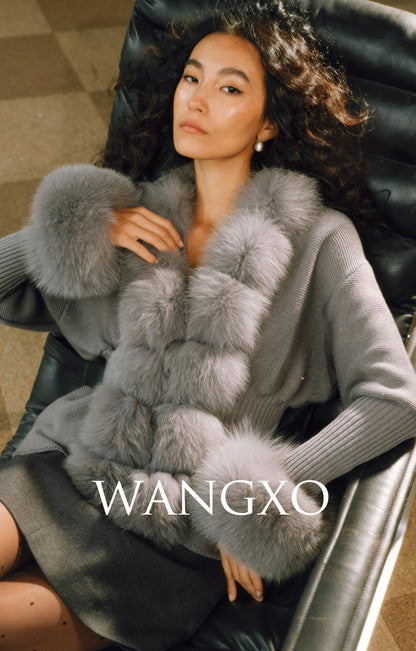 WANGXO | Luxury Wool Detachable Fox Fur Collar Waist Umbrella Hem Knitted Coat- VERA.