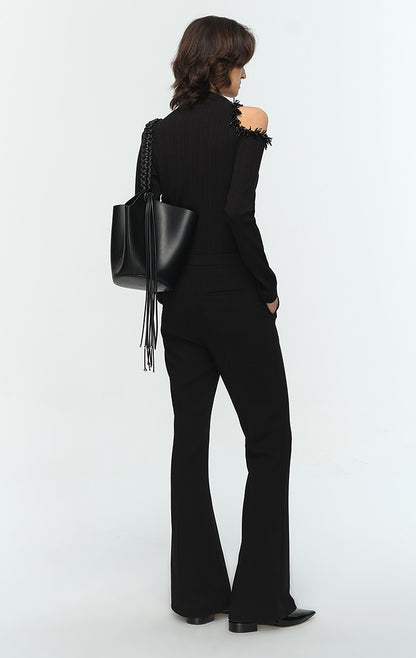 COMME MOI Lu Yan designer's new women's off-the-shoulder stud bead slim wool knitwear - TIRED.