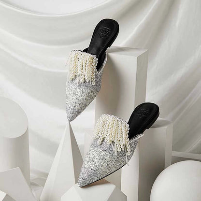 B-FEI Woven Fabric Tassel Pointed Toe Mules-JACK.