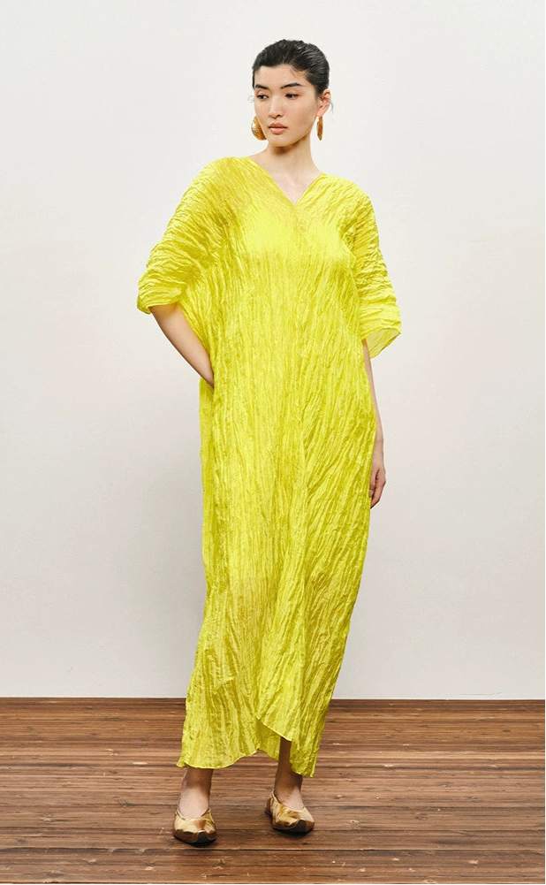 ZHUCHONGYUN yellow pleated dropped shoulder silhouette dress-MIKESE.