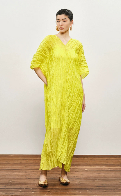 ZHUCHONGYUN yellow pleated dropped shoulder silhouette dress-MIKESE.