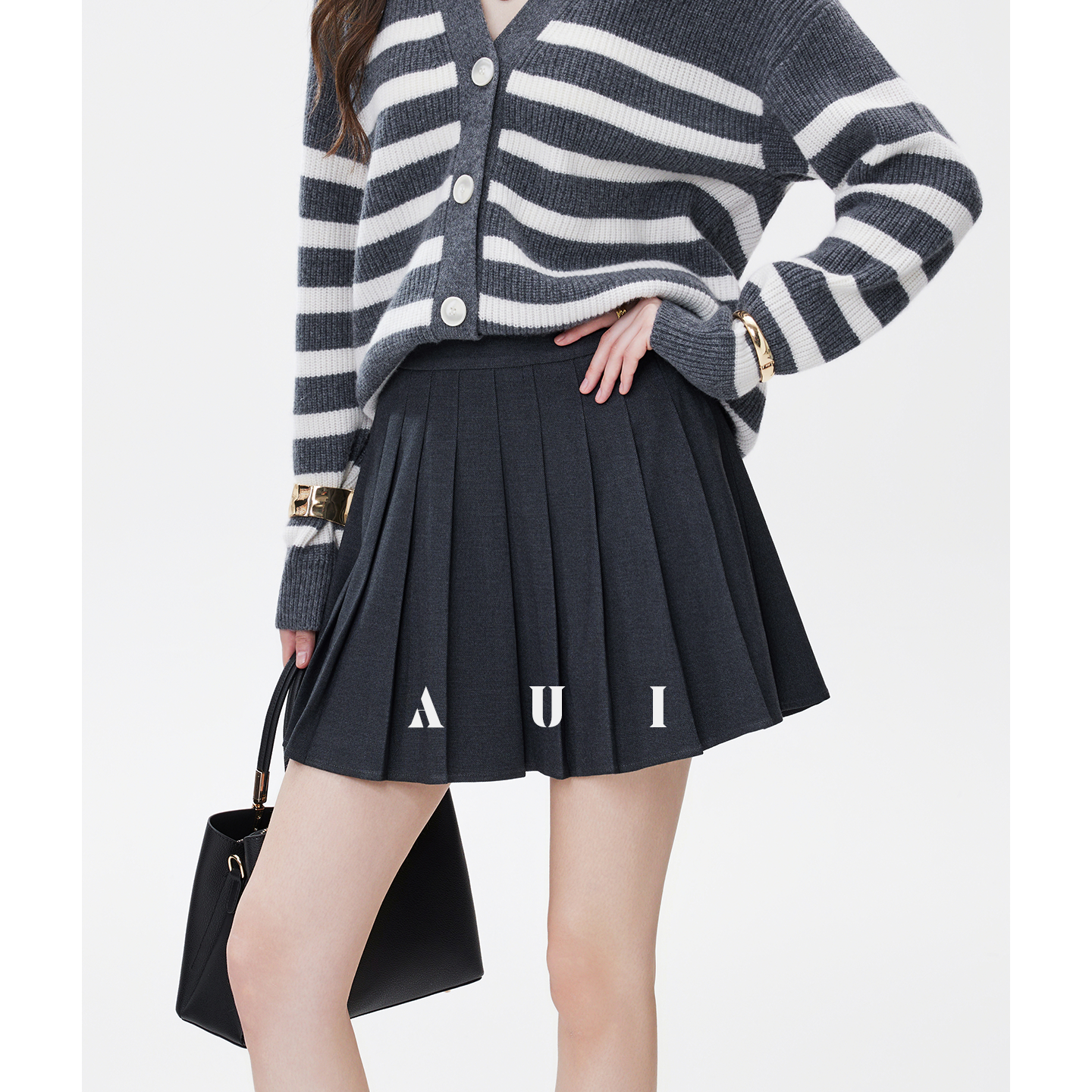 AUI Black Collegiate Age-Reducing Pleated Versatile A-Line Slim Suit Short Skirt - Doh