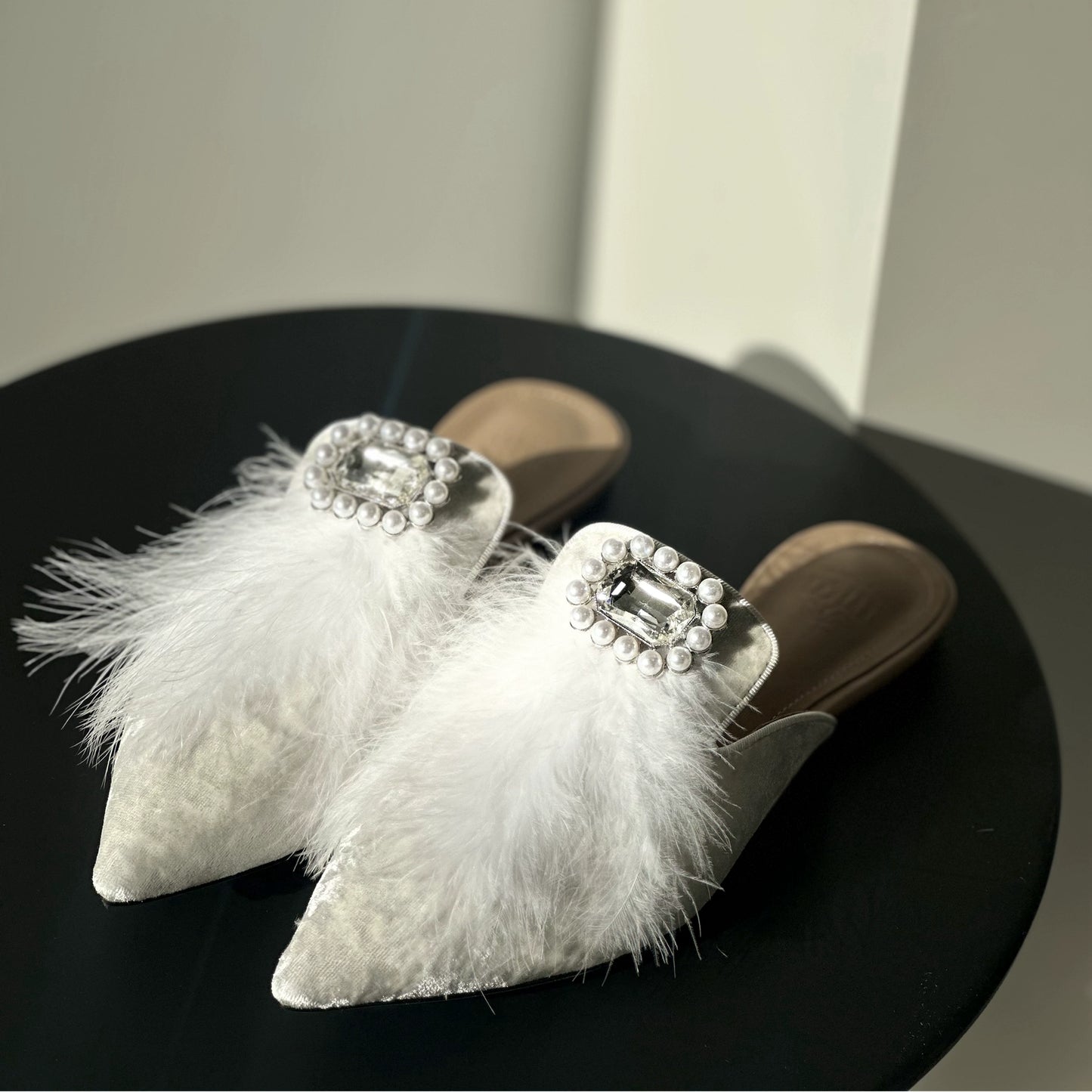 B-FEI rhinestone buckle flat pointed toe slippers for women-ROSS.