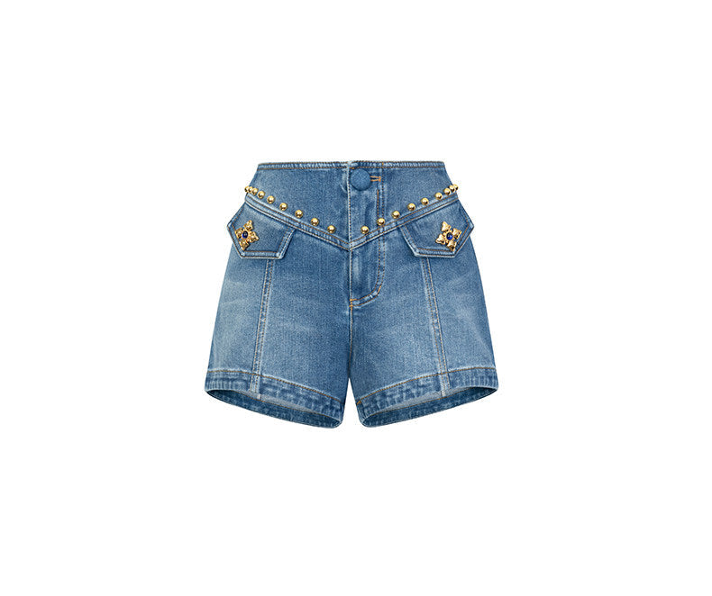 FAME slim skinny denim hand-sewn riveted hippie shorts - ADAM.