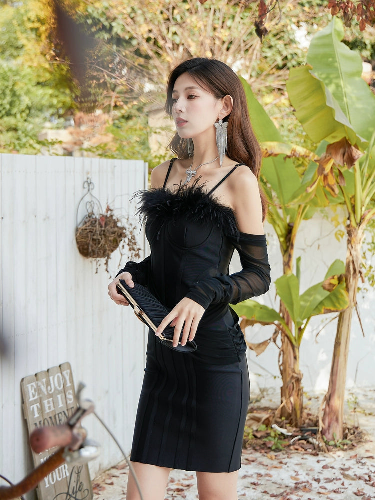 DOLLY Elegant Black Sleeveless Feather Off Shoulder Long Sleeve Party Dress-CHRIS