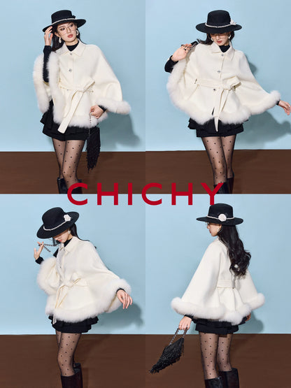 CHICHY white high-end loose reversible woolen cape coat-DOMI