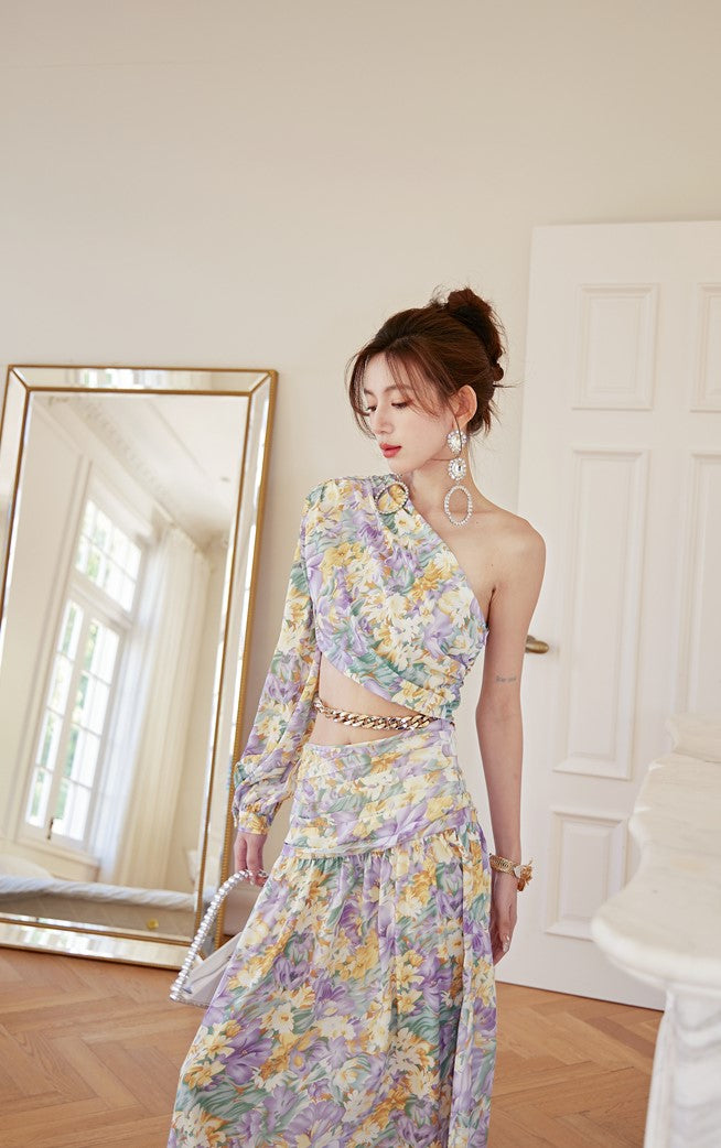 DOLLY Luxury French Style Floral One Sleeve Off Shoulder Waist Baring Slit Resort Dress-LYRA