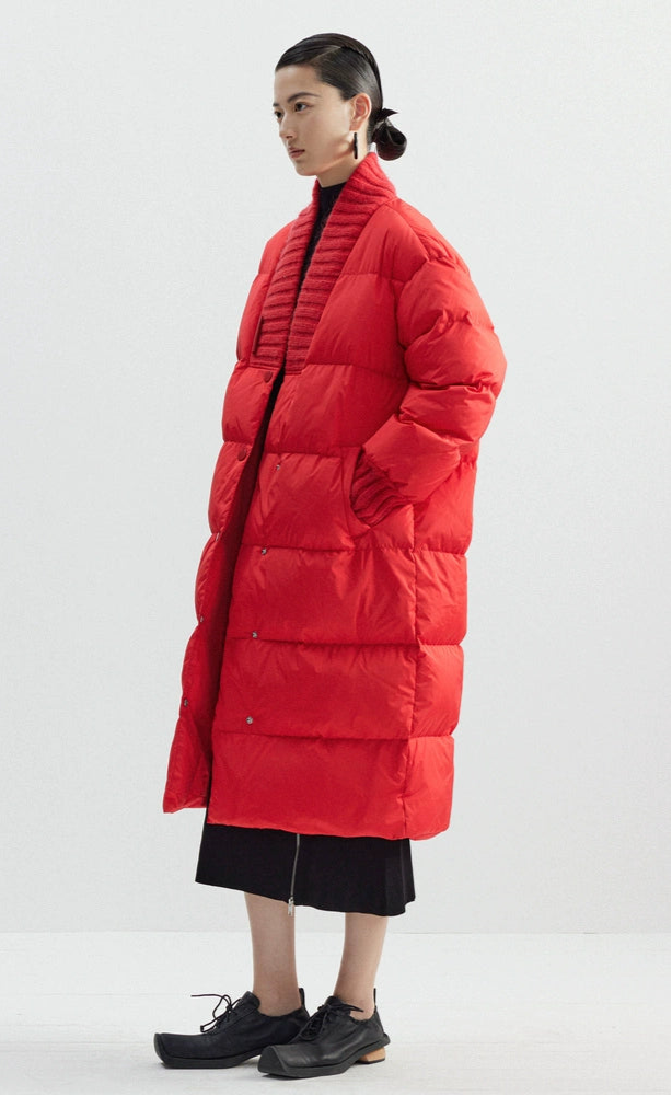 ZHUCHONGYUN Red ribbed collar long puffer jacket-SPIKE.