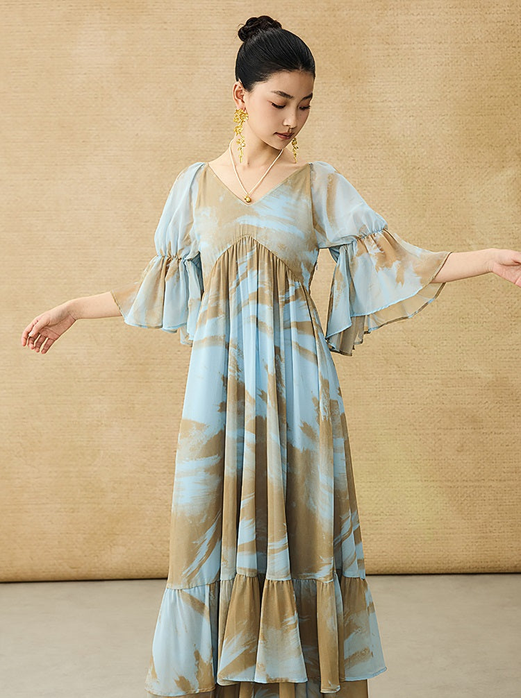 HECO Chinese V-neck wavy sleeve summer big resort dress - AMAZE .