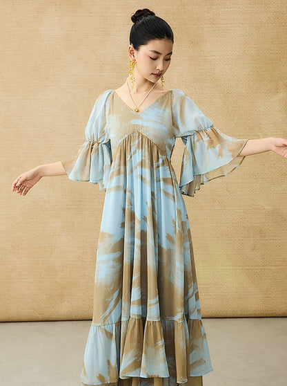 HECO Chinese V-neck wavy sleeve summer big resort dress - AMAZE .