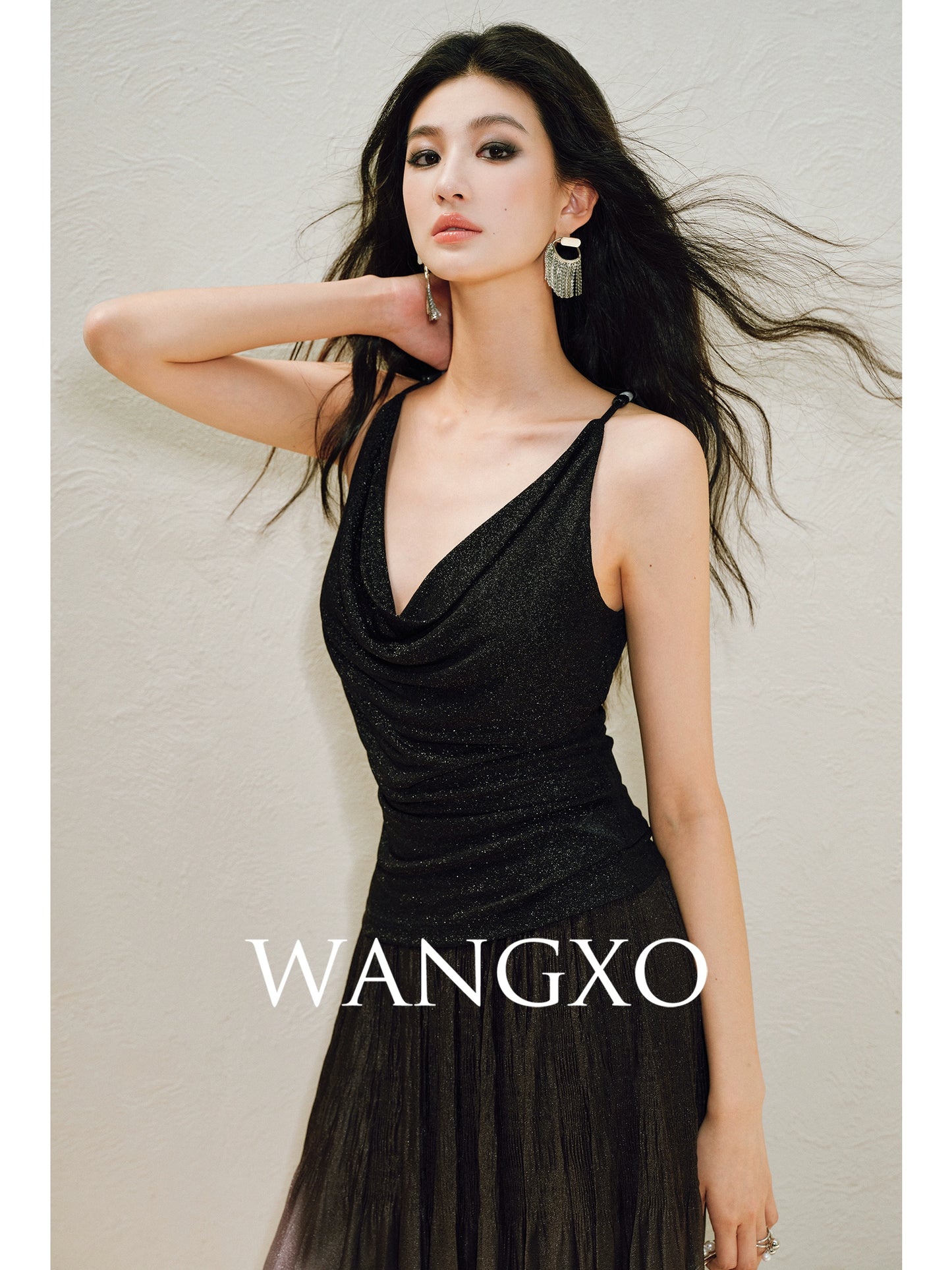 WANGXO | Elegant Swing Neckline Pleated Waist Beaded Camisole Top- SENA