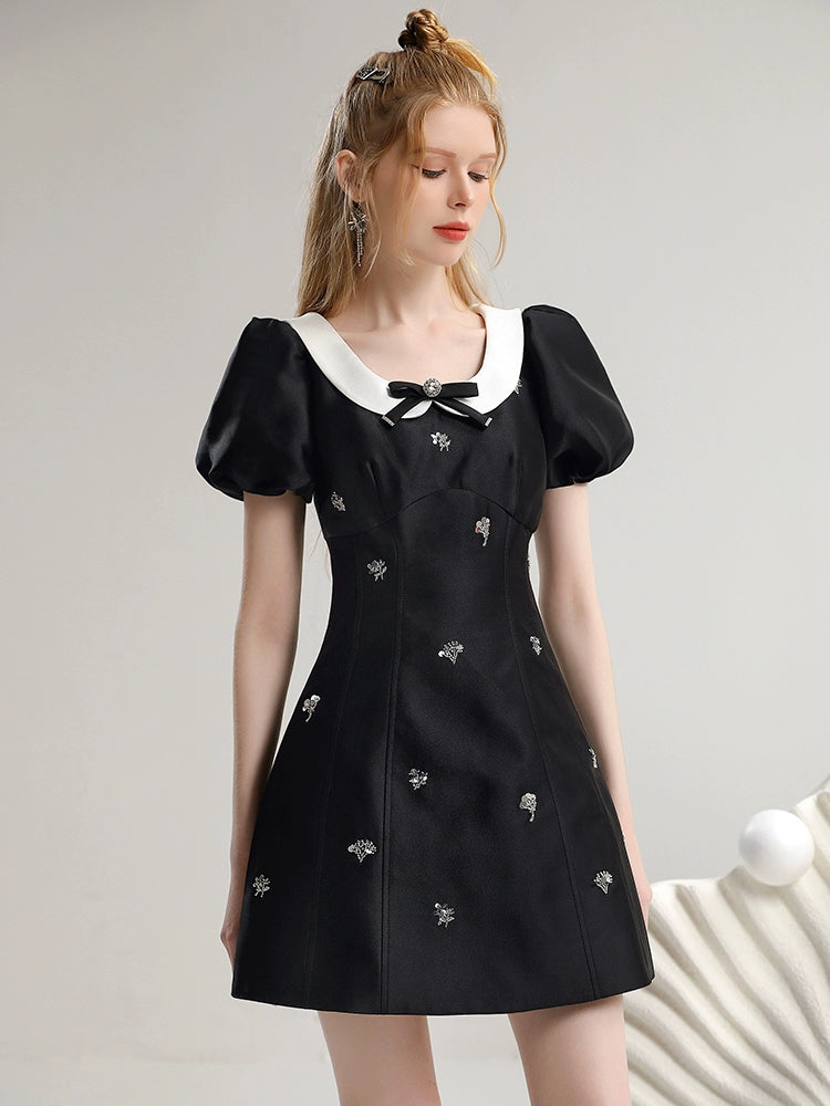 CHECOCORE Elegant  Sequin Doll Collar Women's Short Black Dress - LILLY